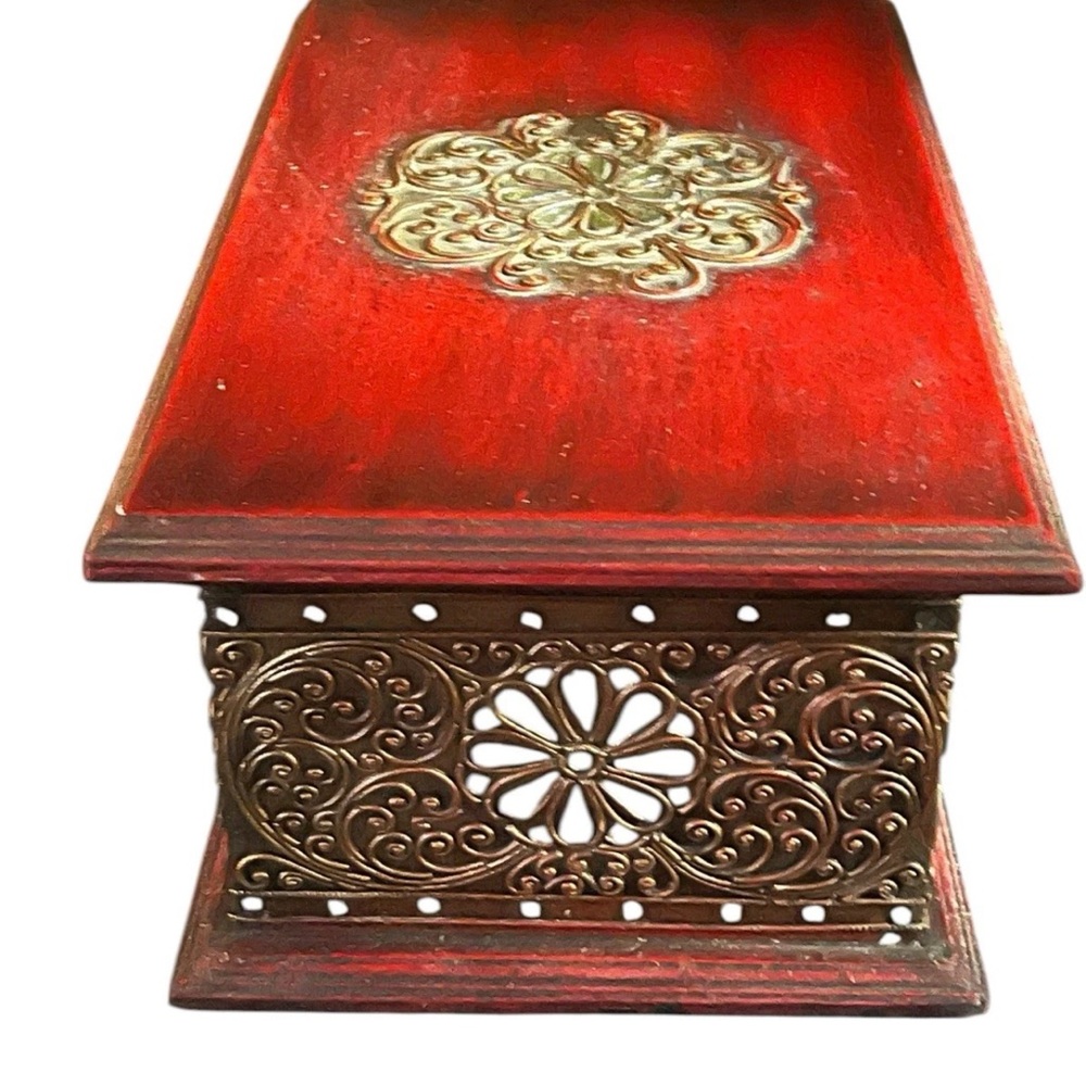 Vintage Indonesian Mirrored Ornate Red and Gold Wooden Trinket Jewelry Box 16”